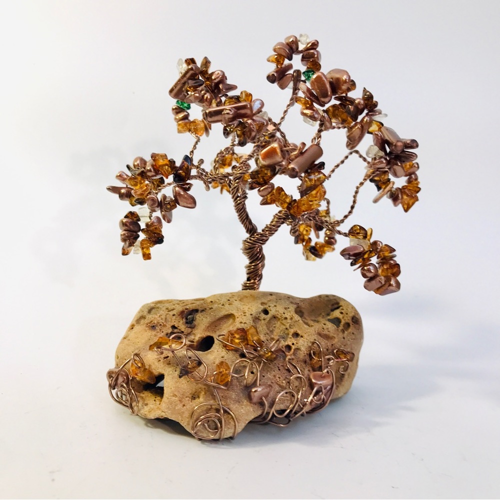Wire Sculpture Bonsai Tree Amber Stone Chip Iridescent Bronze Beads 5.5" Artisan